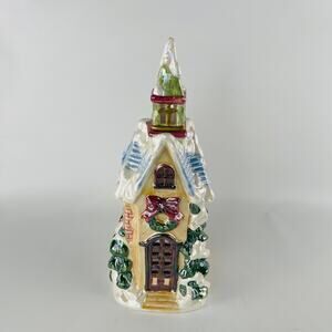 Snow Covered Christmas Church Wreath Candle Holder 10 1/2"